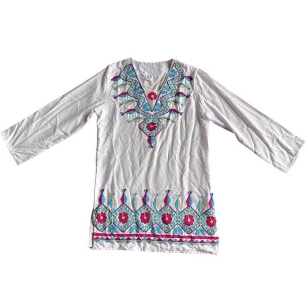 1970s Vintage Mexican Embroidered Cotton Peasant Mini Dress Boho Tunic M